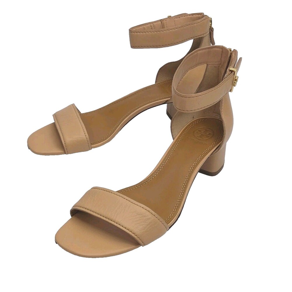Tory Burch Shoe Sandal Ankle Strap Zip Beige Leather Women Sz 9.5 2" Block Heel
